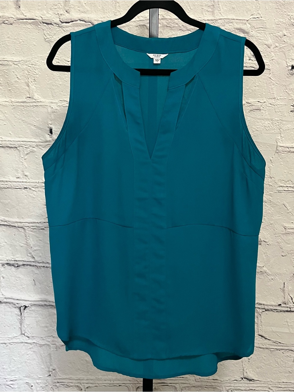 Guess Teal Sleeveless Split-Neck Blouse Top